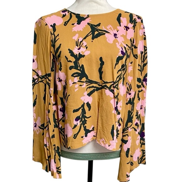 Marimekko Designer Mustard Floral Open Back Bell Sleeve Blouse XS - Picture 4 of 16